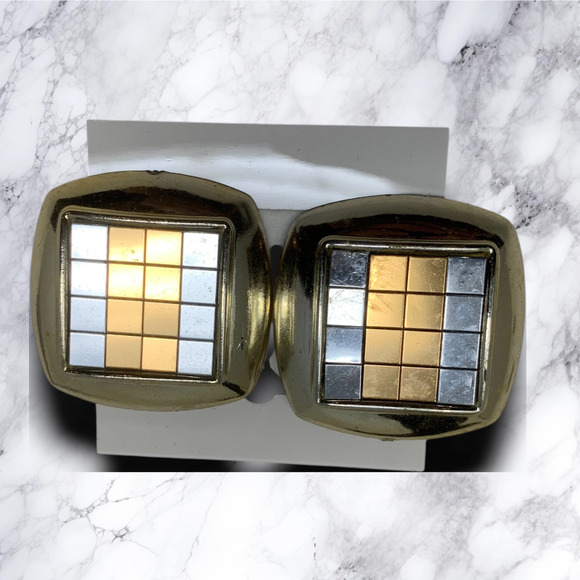 Vintage 1980's Silver & Gold Acrylic Grid Square Earrings Clip On Runway Couture - Picture 6 of 6
